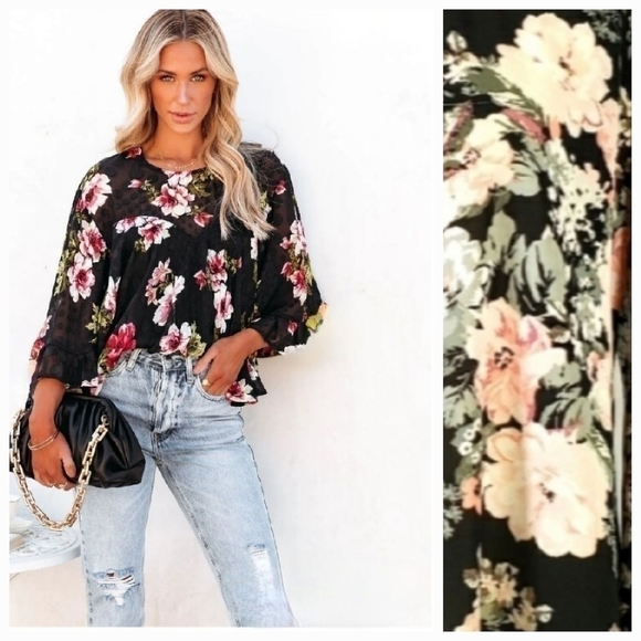 Lily White Black Pink Floral Strappy Criss Cross Back Bell Sleeve Blouse Top XS - Picture 1 of 8